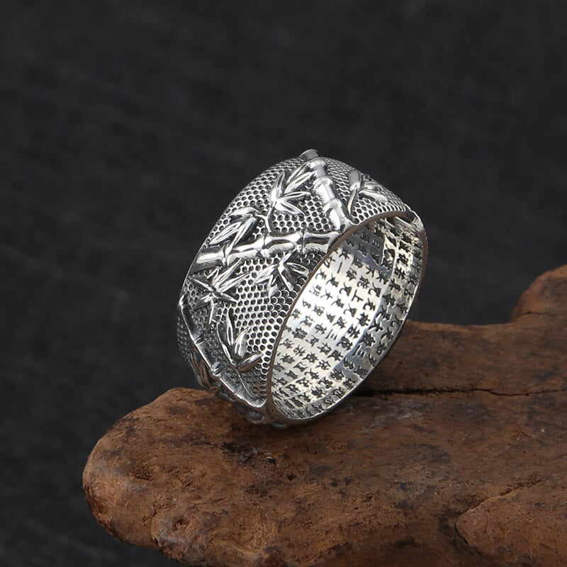Ethnic Buddha Custom Adjustable Ring 100% S999 Sterling Silver jewelry Men Rich bamboo Lucky Scripture Mantra LOVE Ring R12