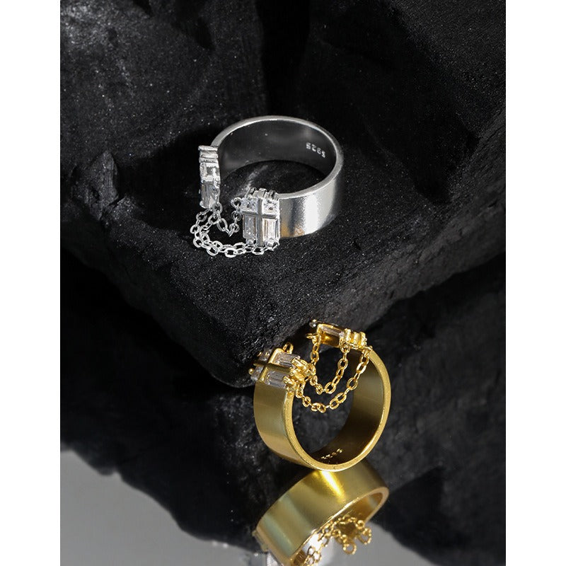 simple cold style zircon chain tassel texture S925 sterling silver ring for women