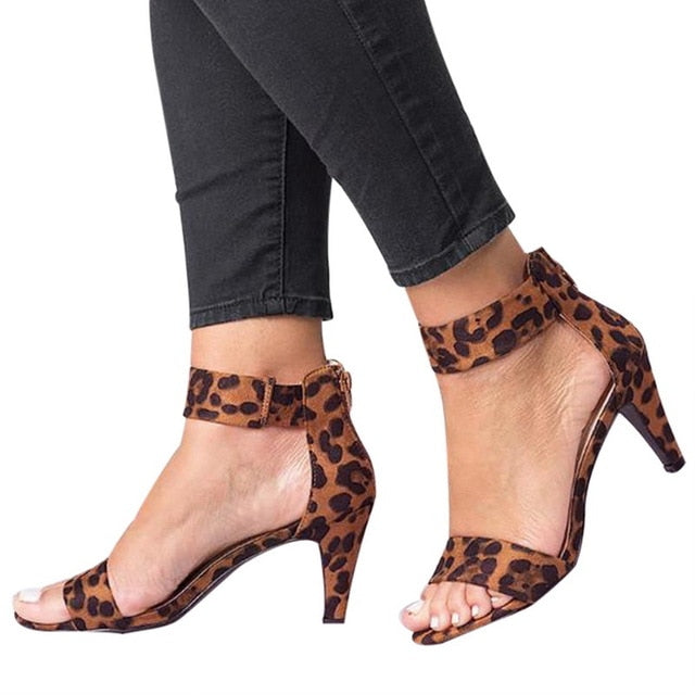 Women Flock Square Heel Sandals Leopard High Heels Buckle Strap Female Ladies Woman Sandal Shoes Girls
