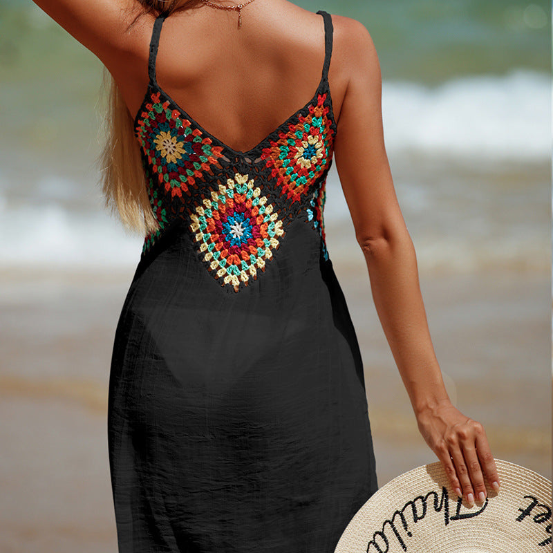 Hand Crochet Stitching V-neck Pullover Hollow Breathable Beach Bikini Blouse Dress