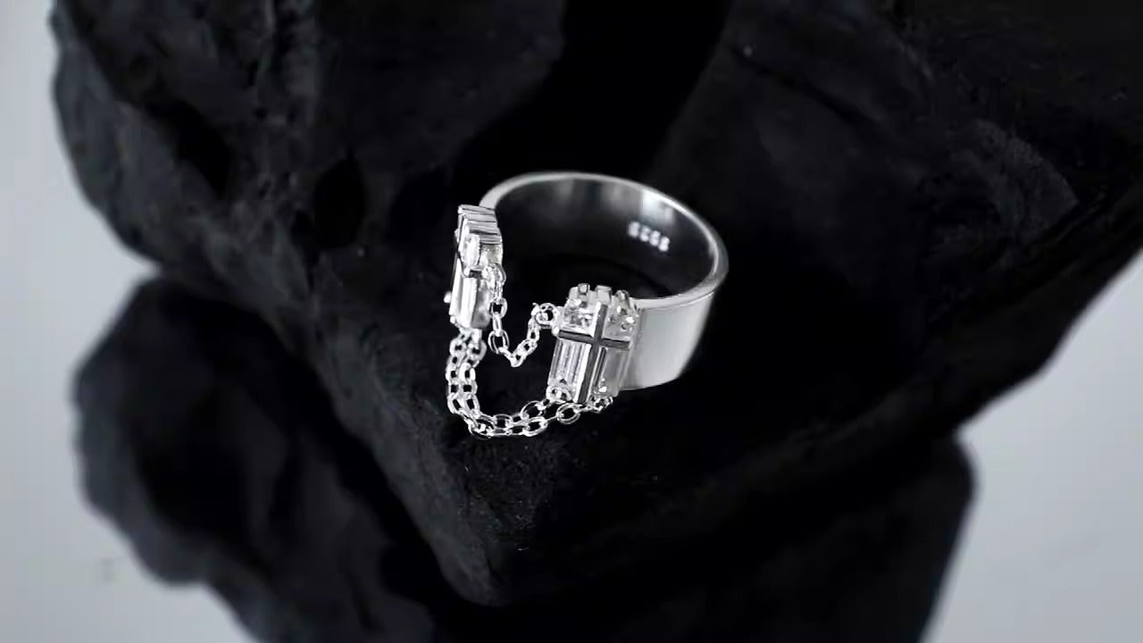 simple cold style zircon chain tassel texture S925 sterling silver ring for women