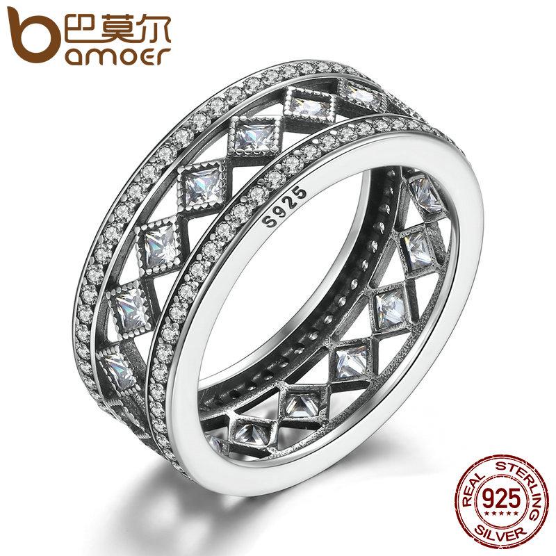 BAMOER 925 Sterling Silver Square Vintage Fascination, Clear CZ Ring