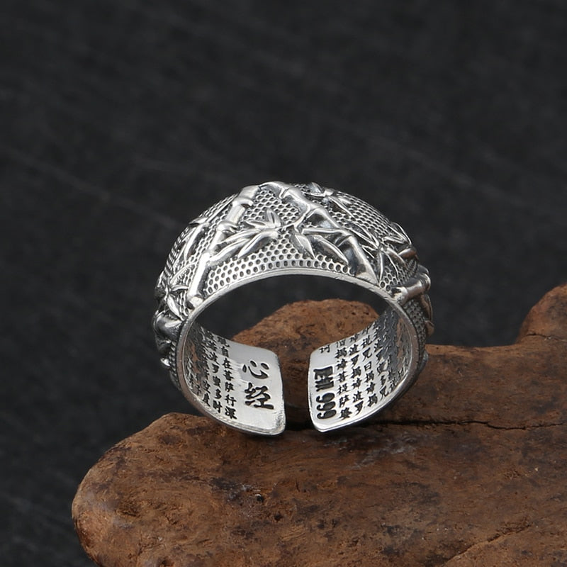 Ethnic Buddha Custom Adjustable Ring 100% S999 Sterling Silver jewelry Men Rich bamboo Lucky Scripture Mantra LOVE Ring R12