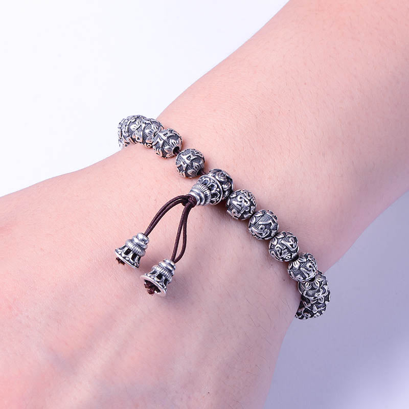 Buddhism Mantra Bracelet Solid 999 Fine Silver Buddha Beads Bracelet for Unisex Vintage Jewelry Stretching 17-22cm