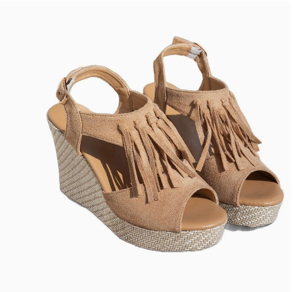 Fringe Peep Toe Wedge Sandals