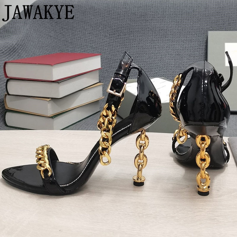 Luxury Gold Chain Heel Sandals Summer Sexy Brand Ankle Strap Party Shoes High Heel Sandals Celebrity Women Dress Shoes