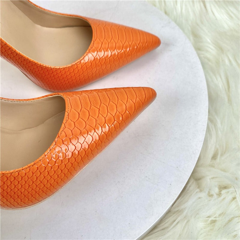Orange snake patterned socialite high heels pointed toe thin heels, fashionable women's shoes