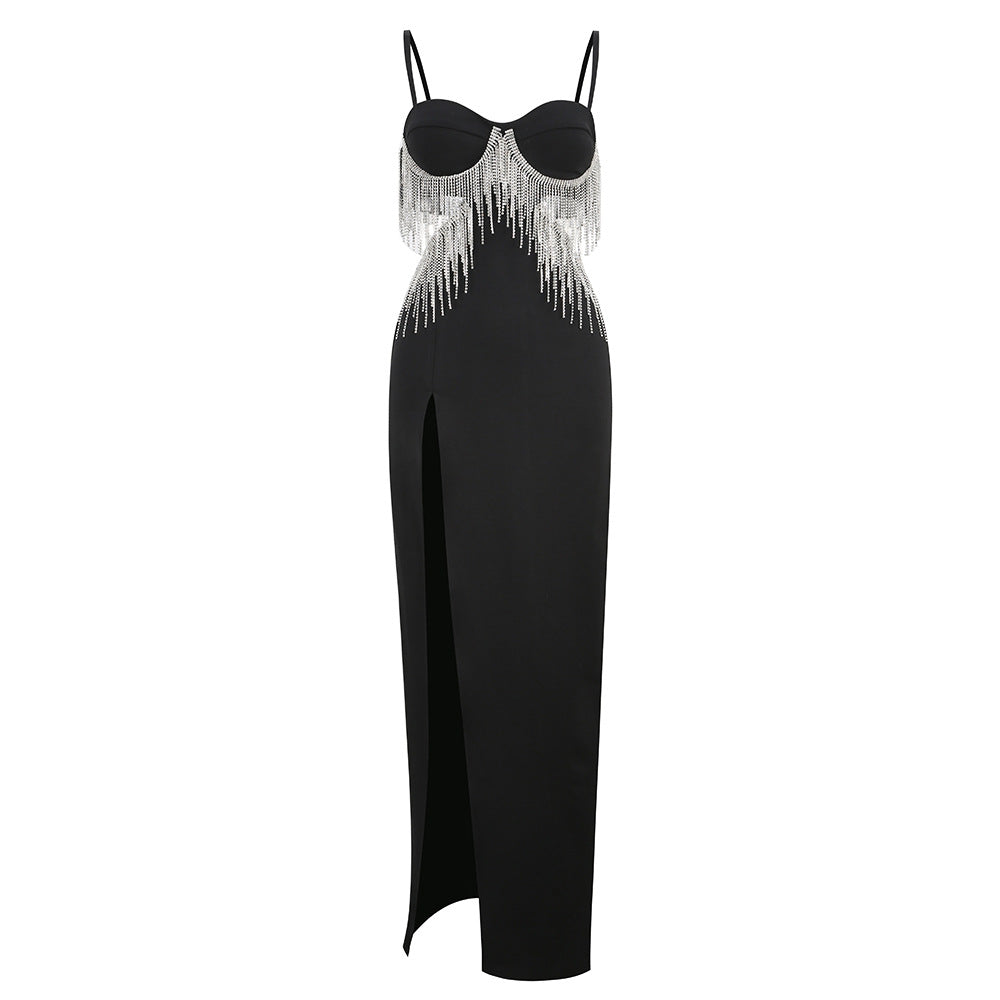 High Luxury Tassel Sexy High Waist Slit Suspender Dress