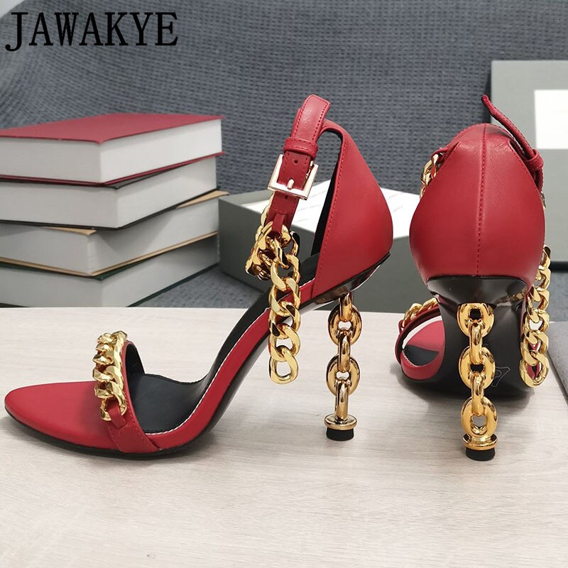 Luxury Gold Chain Heel Sandals Summer Sexy Brand Ankle Strap Party Shoes High Heel Sandals Celebrity Women Dress Shoes