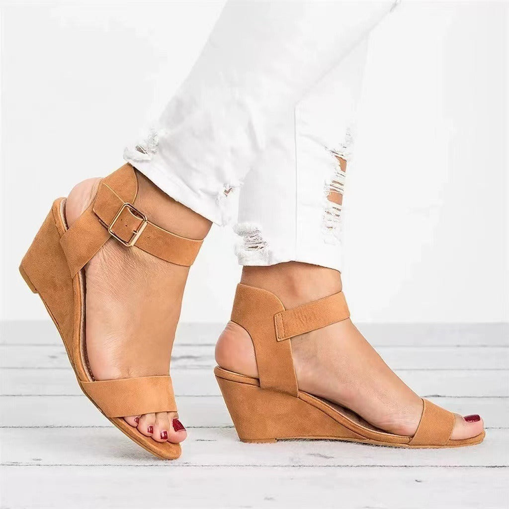 Women's Sandals Solid Color European and American Wind Fish Mouth Open Toe One line Buckle Elevated Slope Heel Sandals