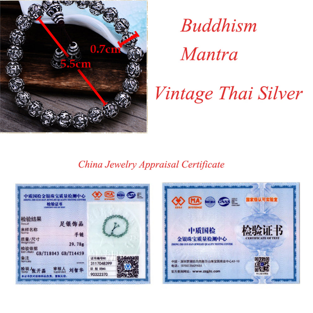 Buddhism Mantra Bracelet Solid 999 Fine Silver Buddha Beads Bracelet for Unisex Vintage Jewelry Stretching 17-22cm