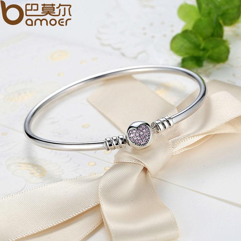 BAMOER 925 Sterling Silver Snake Chain Heart Bangle & Bracelet Luxury Jewelry