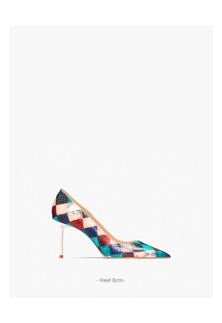 Summer New Red Plaid Snake Pattern Pointed High Heel Shoes Women's French Large Lacquer Shoes