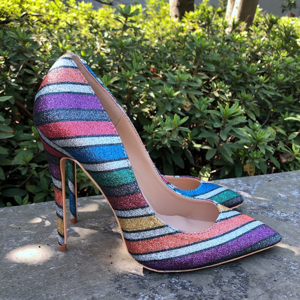 Tikicup Women Rainbow Iridescent High Heels Shiny Glitter Pointy Toe Stilettos Ladies Slip On Pumps Sexy Party Shoes 12/10/8cm