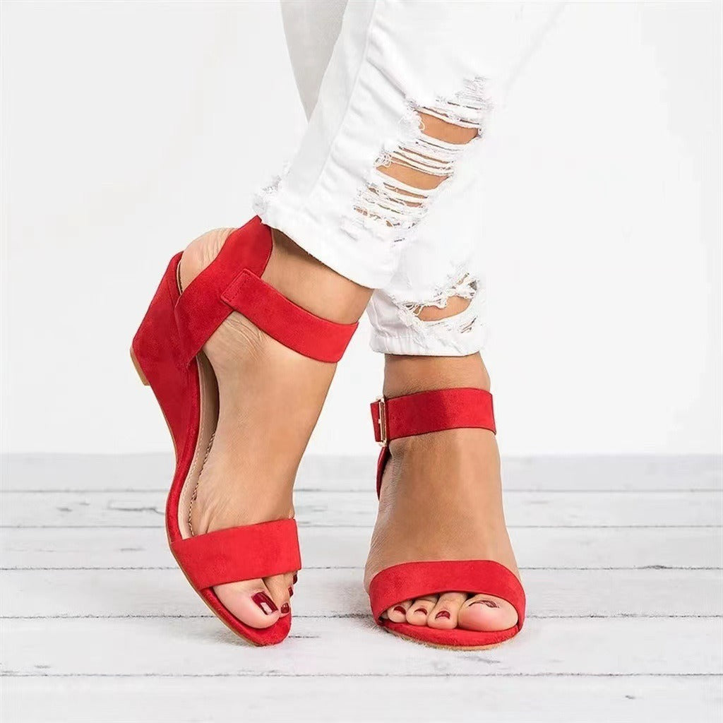 Women's Sandals Solid Color European and American Wind Fish Mouth Open Toe One line Buckle Elevated Slope Heel Sandals