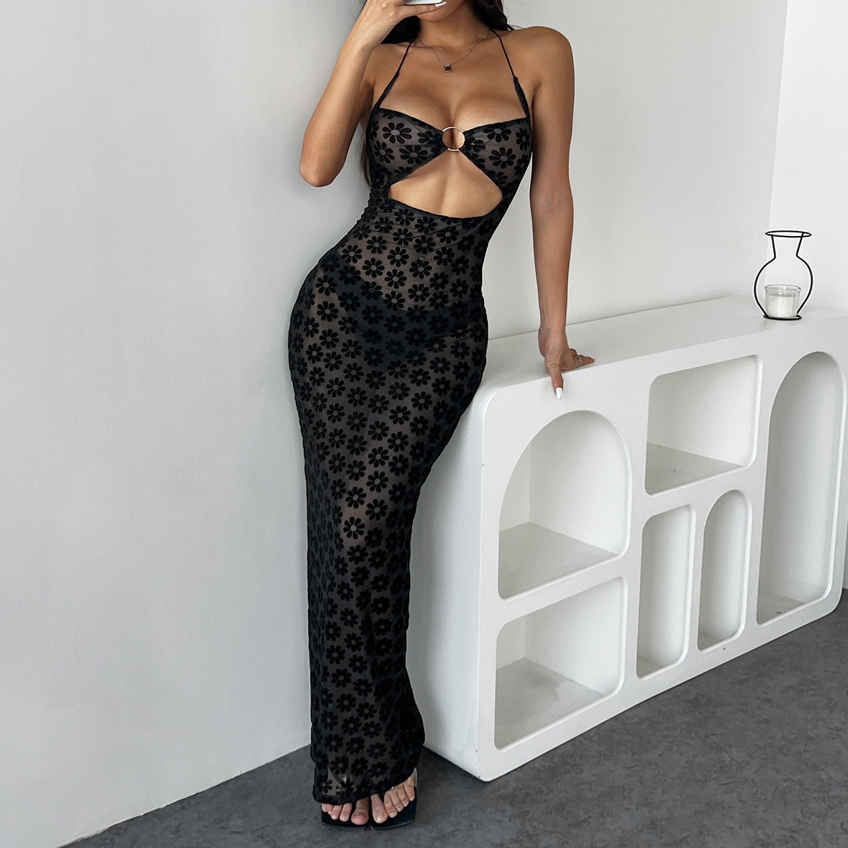 Hanging neck perspective low cut metal ring hollow sexy hip hugging dress for women