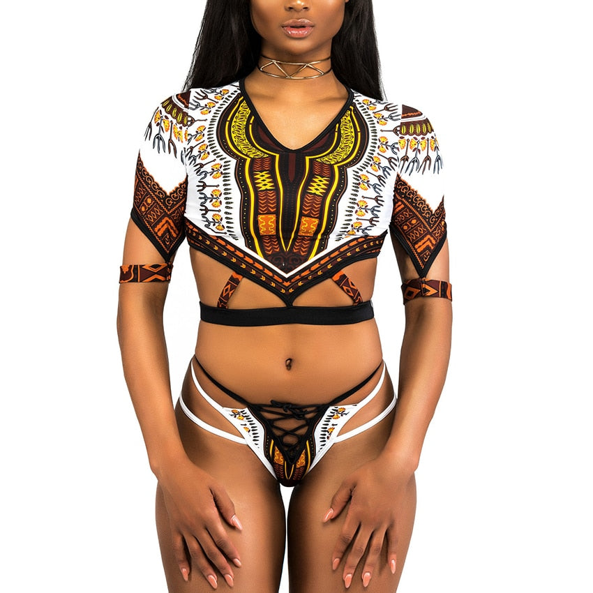 African Short Sleeve Swimsuit Dashiki Print Bikini Set Bikinis Women Thong Swimwear