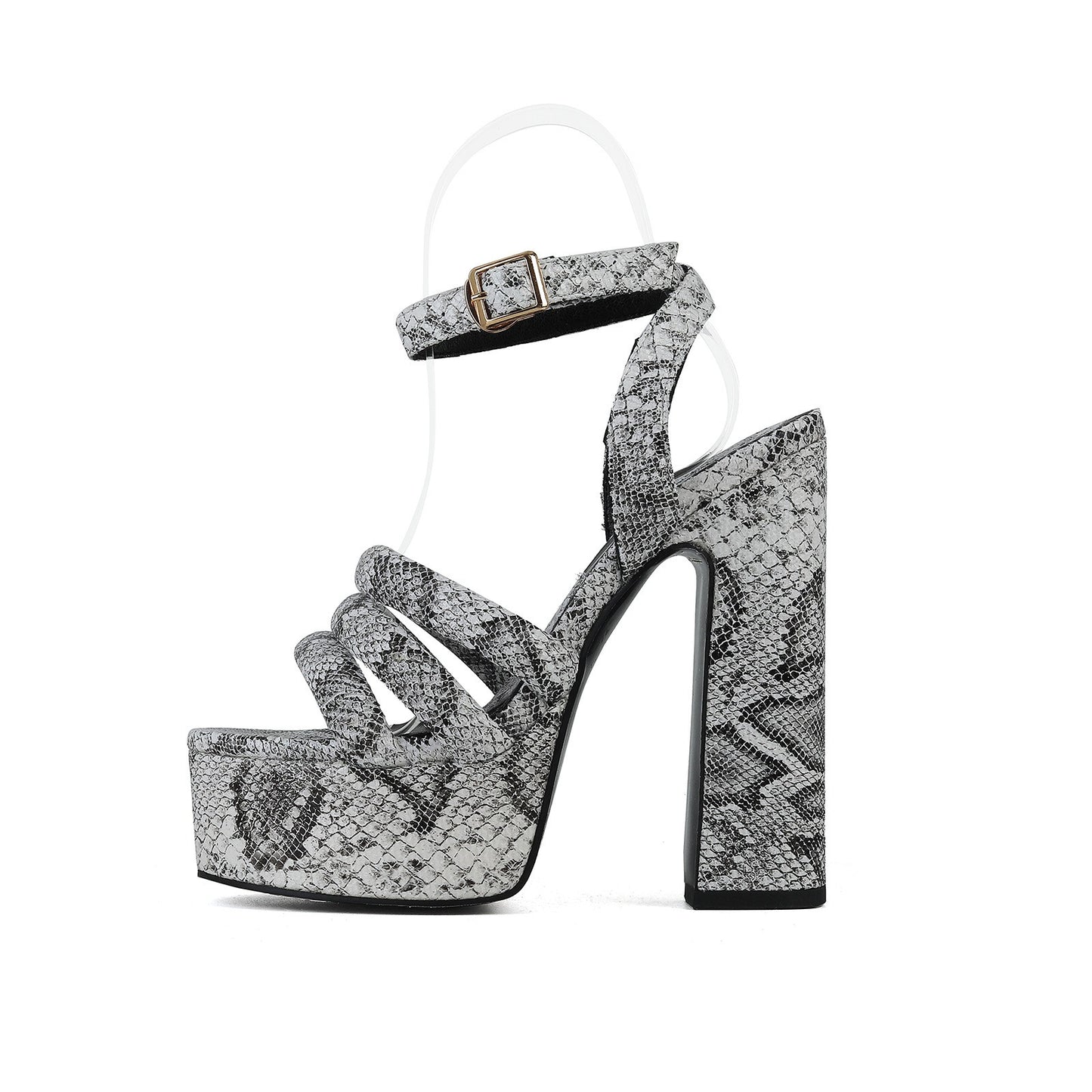 Round toe button strap with exposed toe snake pattern thick heel oversized sandals for women