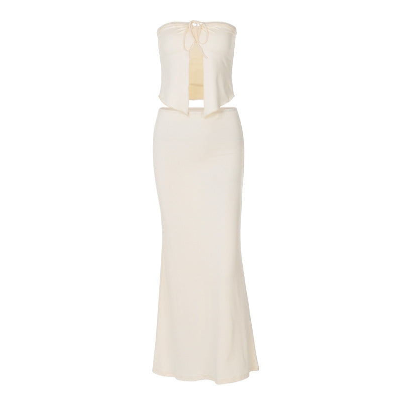 Sexy Patchwork Open-bone Top Slim Fit Temperament Sheath Mid-length Suit Skirt