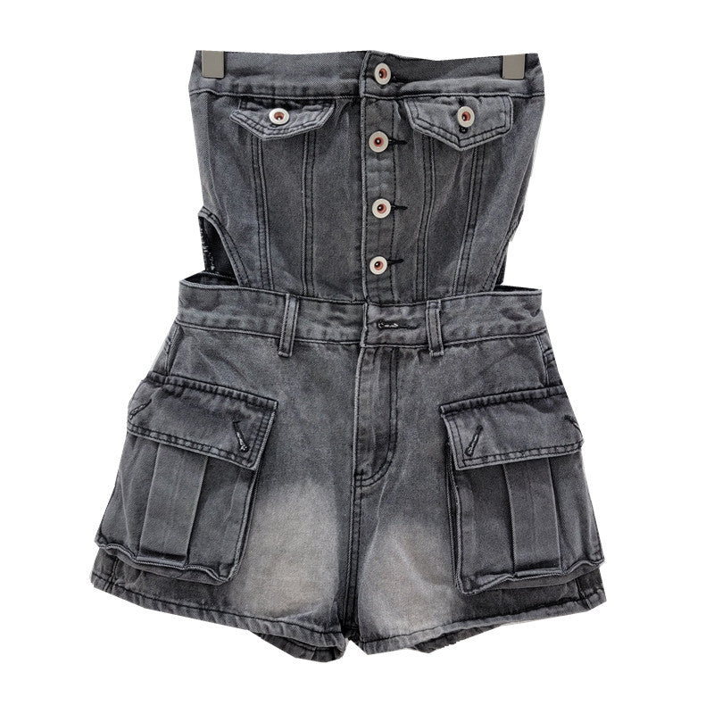 Breasted Hollow-out Midriff Tube Top Cowboy Siamese Shorts For Women