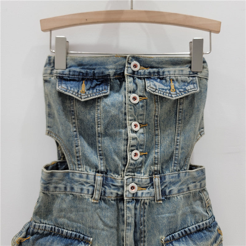 Breasted Hollow-out Midriff Tube Top Cowboy Siamese Shorts For Women