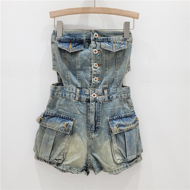 Breasted Hollow-out Midriff Tube Top Cowboy Siamese Shorts For Women
