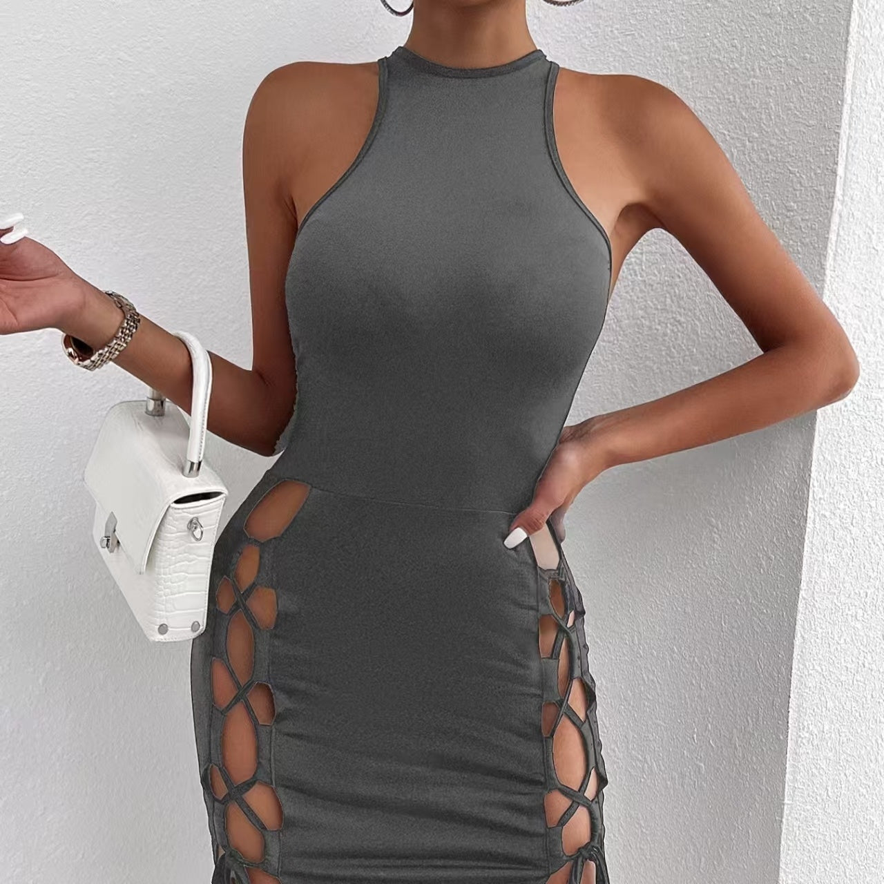 Women's Solid Color Sleeveless Skirt With Slit And Cross Tie, Dress, Short Skirt