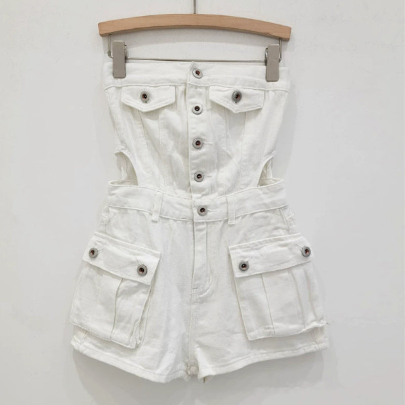 Breasted Hollow-out Midriff Tube Top Cowboy Siamese Shorts For Women
