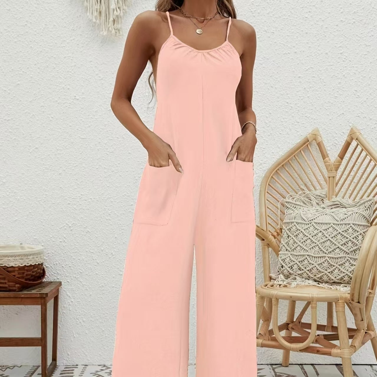 Ladies' Solid Color Chest Pleated Design Cross Suspender Sexy Jumpsuit