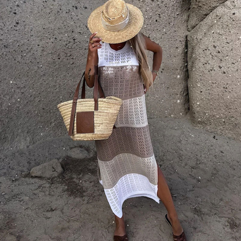 Round Neck Sleeveless Contrast Color Slit Hemline Knitted Dress