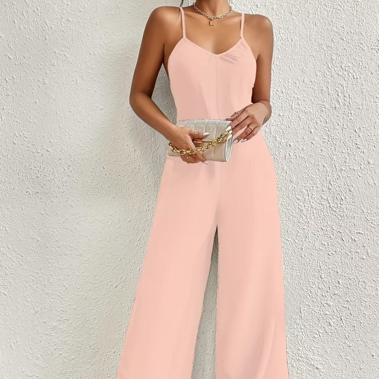 Ladies' Solid Color Chest Pleated Design Cross Suspender Sexy Jumpsuit