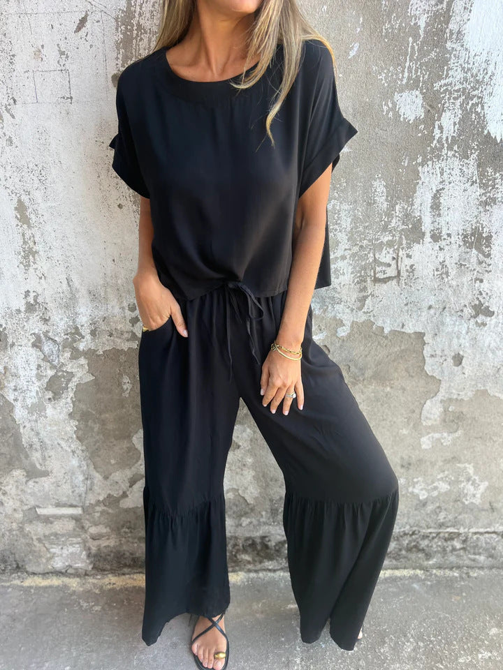 Short-sleeved Summer Pullover Top And Drawstring Wide-leg Pants For Women