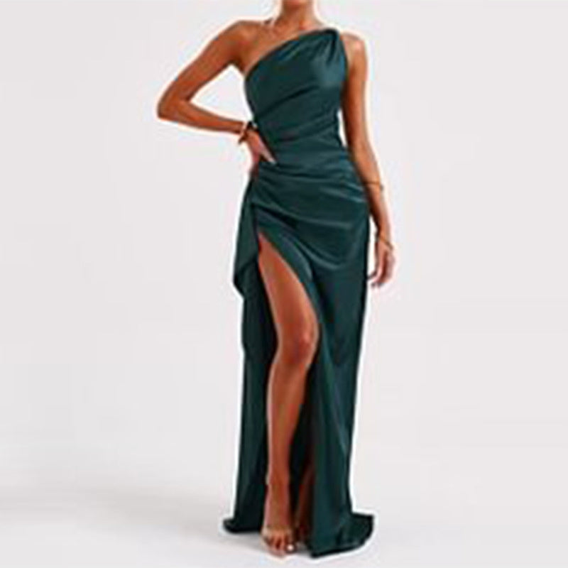 Sexy One-shoulder Satin Backless Slit Dress