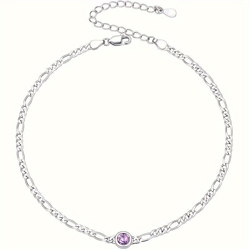 Women's Anklet, Sterling Silver Diamond Cut 3mm Link Anklet With Heart-Round Birthstone, Length 8.5 - 10.5