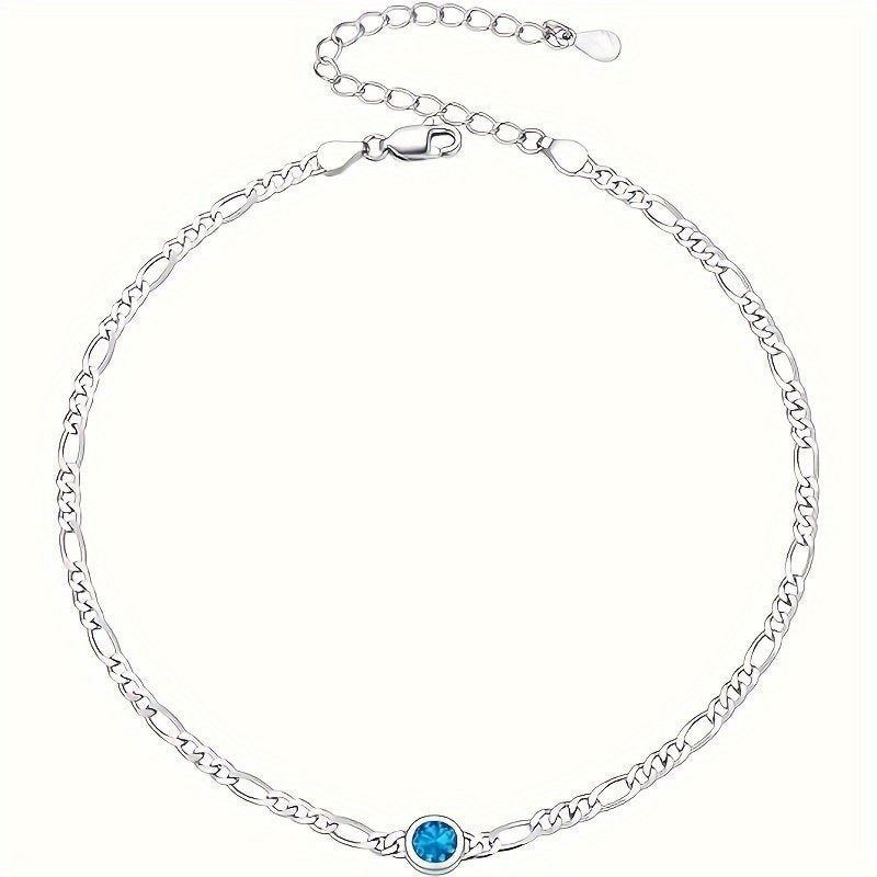 Women's Anklet, Sterling Silver Diamond Cut 3mm Link Anklet With Heart-Round Birthstone, Length 8.5 - 10.5