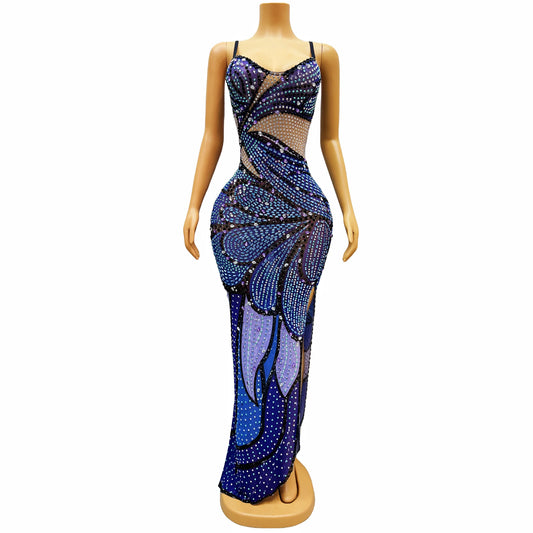 Women’s dress with sparkling diamond print fashionable slit slim fit
