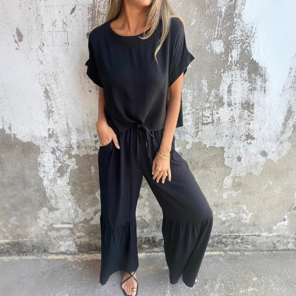Short-sleeved Summer Pullover Top And Drawstring Wide-leg Pants For Women
