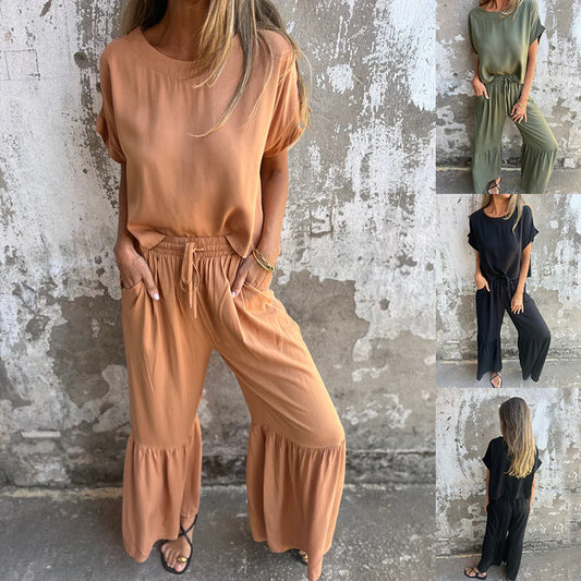 Short-sleeved Summer Pullover Top And Drawstring Wide-leg Pants For Women