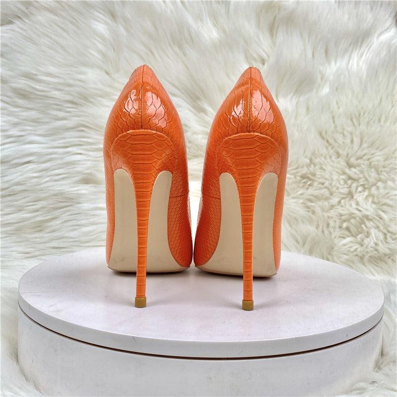 Orange snake patterned socialite high heels pointed toe thin heels, fashionable women's shoes