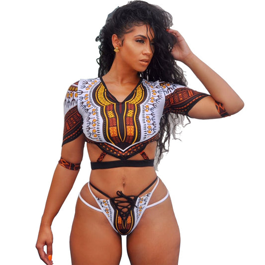 African Short Sleeve Swimsuit Dashiki Print Bikini Set Bikinis Women Thong Swimwear