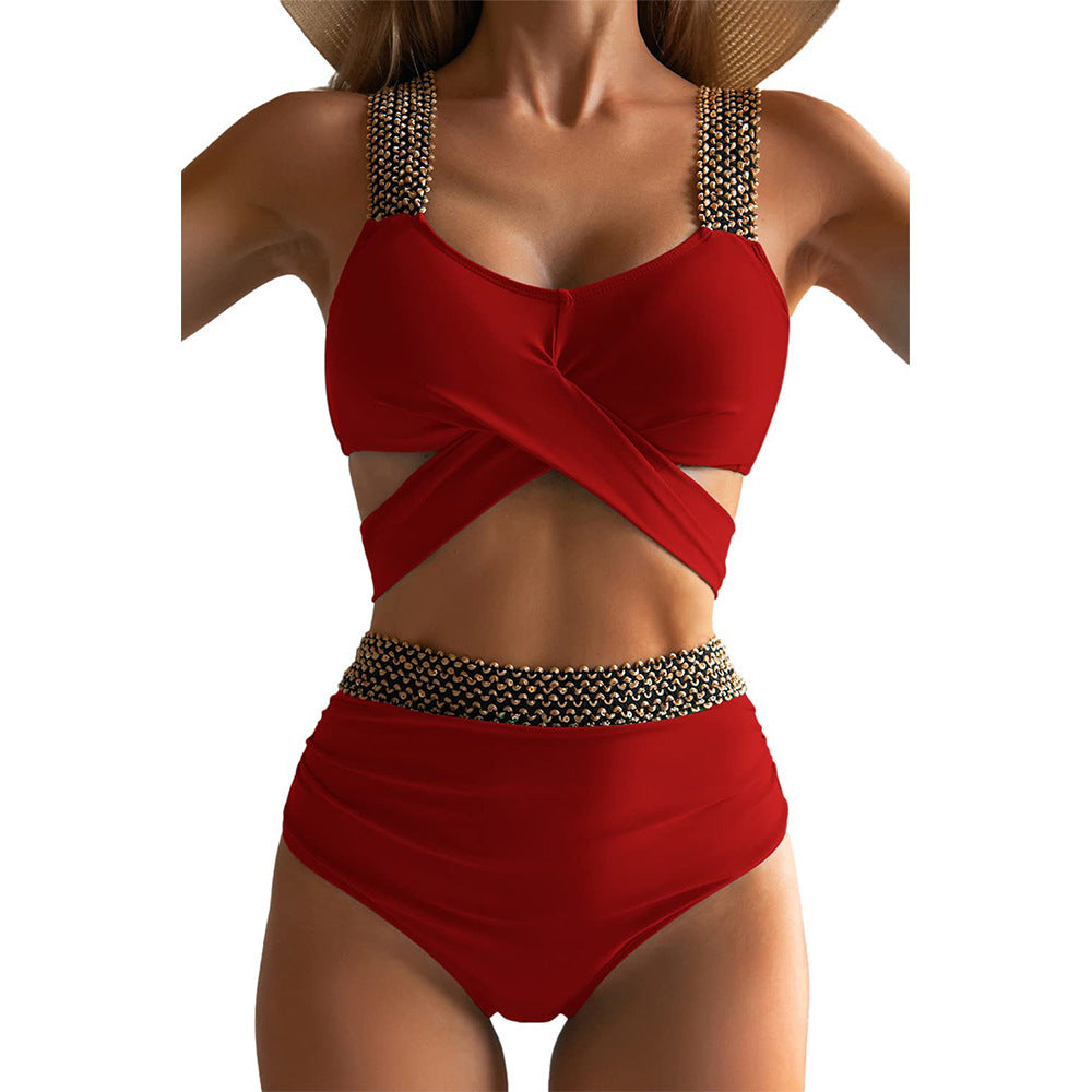 Split tight female sexy cross backless solid color swimsuit