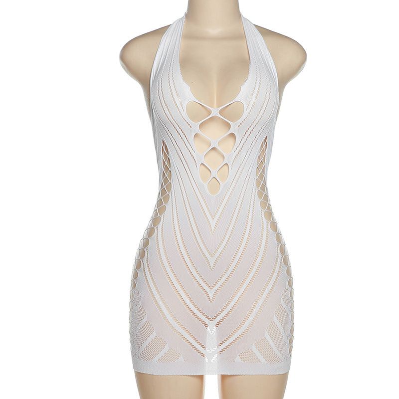 Sexy lace mesh dress with hanging neck and exposed backpack buttocks dress