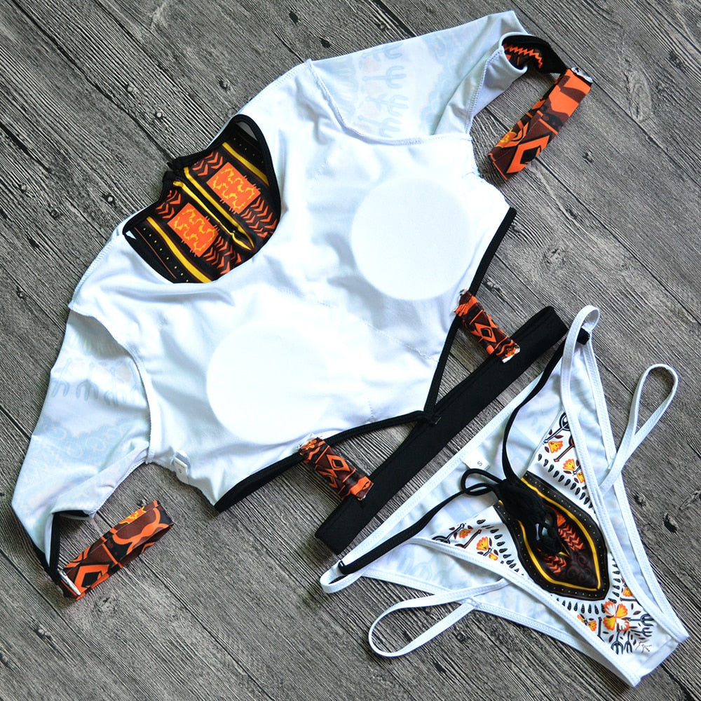 African Short Sleeve Swimsuit Dashiki Print Bikini Set Bikinis Women Thong Swimwear