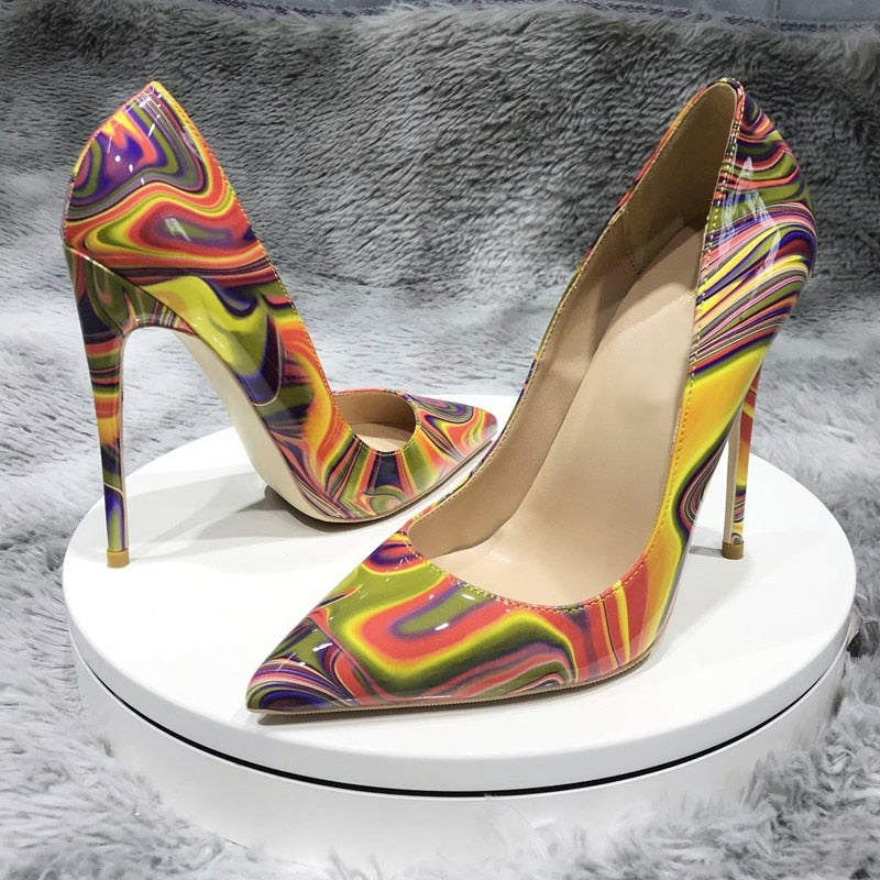Art Painting Printed Women Partent Stiletto High Heels Customize Fashion Pumps Chic Ladies Party Shoes Plus Size 33-45