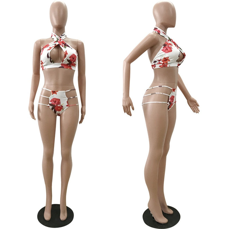 Bikini+Cove Up 3PCS Set Sexy Thong High Cut Swimwear Women Floral Print Swimsuit Beach Cardigan Swim Wear