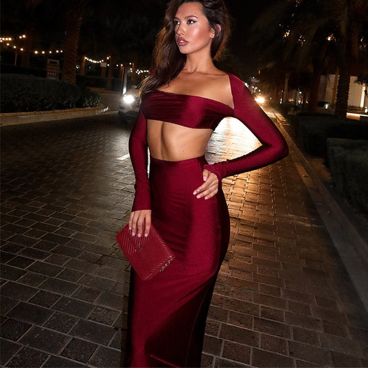 Women’s long sleeved long skirt set, strapless short top, high waist, hip hugging skirt, two-piece set