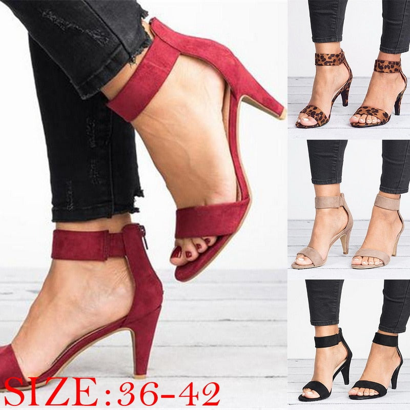 Women Flock Square Heel Sandals Leopard High Heels Buckle Strap Female Ladies Woman Sandal Shoes Girls