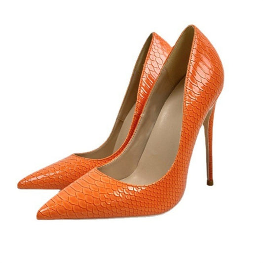 Orange snake patterned socialite high heels pointed toe thin heels, fashionable women's shoes