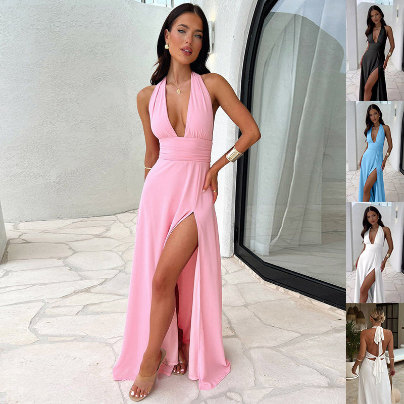 Halterneck V-neck Slit Dress Backless Strappy Skirt Fashion Temperament