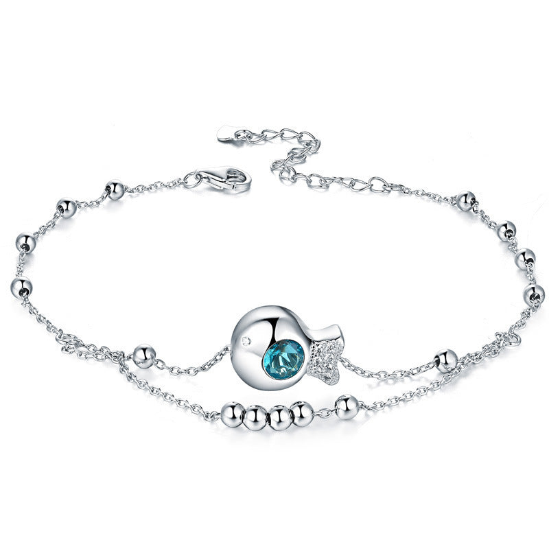 925 Sterling Silver Double Beaded Big Anklet Korean Edition Ocean Heart Small Fish Feet Rose Gold Plated Jewelry